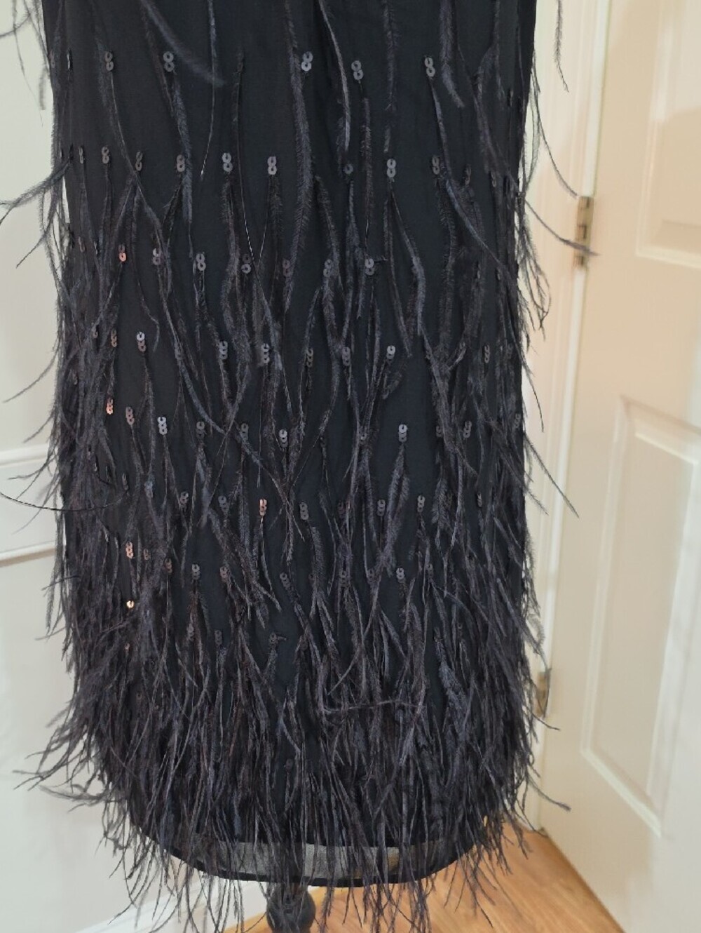 Talbots Petites Black Sequin and Feather-Trim Cocktail Shift Dress - Size 8P - Picture 4 of 9